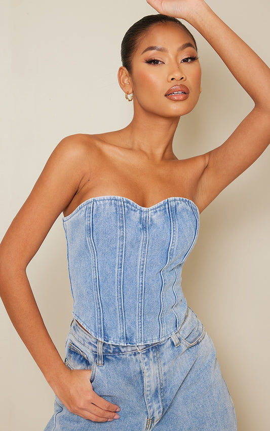 TOP CORSET EN JEAN BLEU JAVÉLISÉ DÉTAIL COUTURES