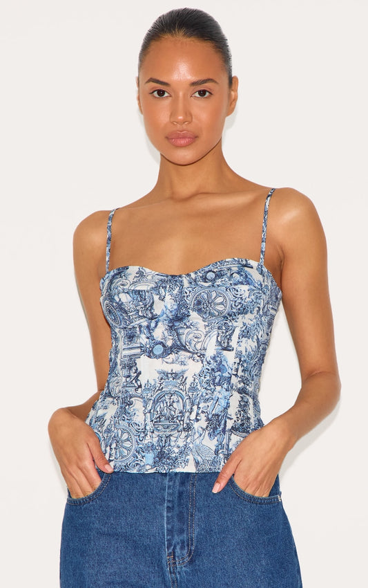 TOP CORSET STRUCTURÉ BLEU IMPRIMÉ RENAISSANCE
